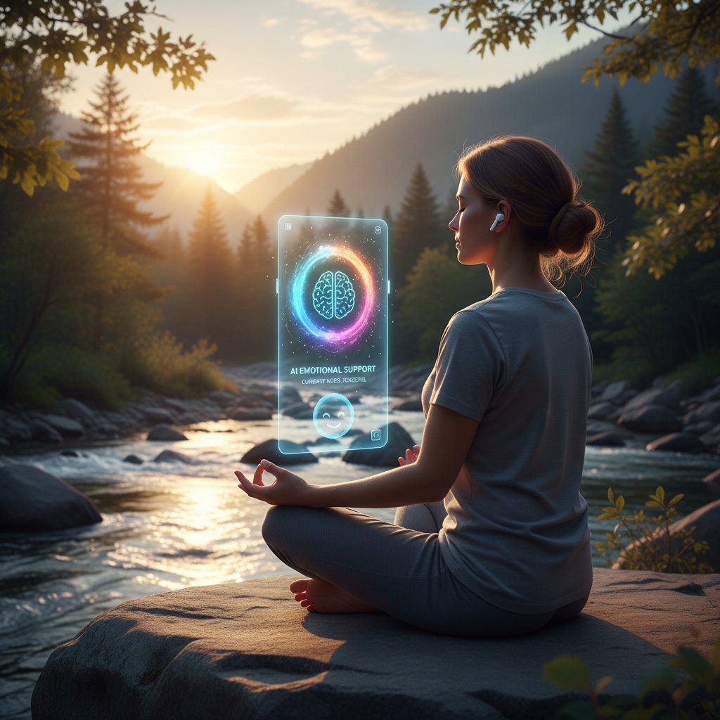Kolorowe zdjęcie osoby medytującej w otoczeniu natury, na pierwszym planie smartfon z aplikacją AI wsparcia emocjonalnego