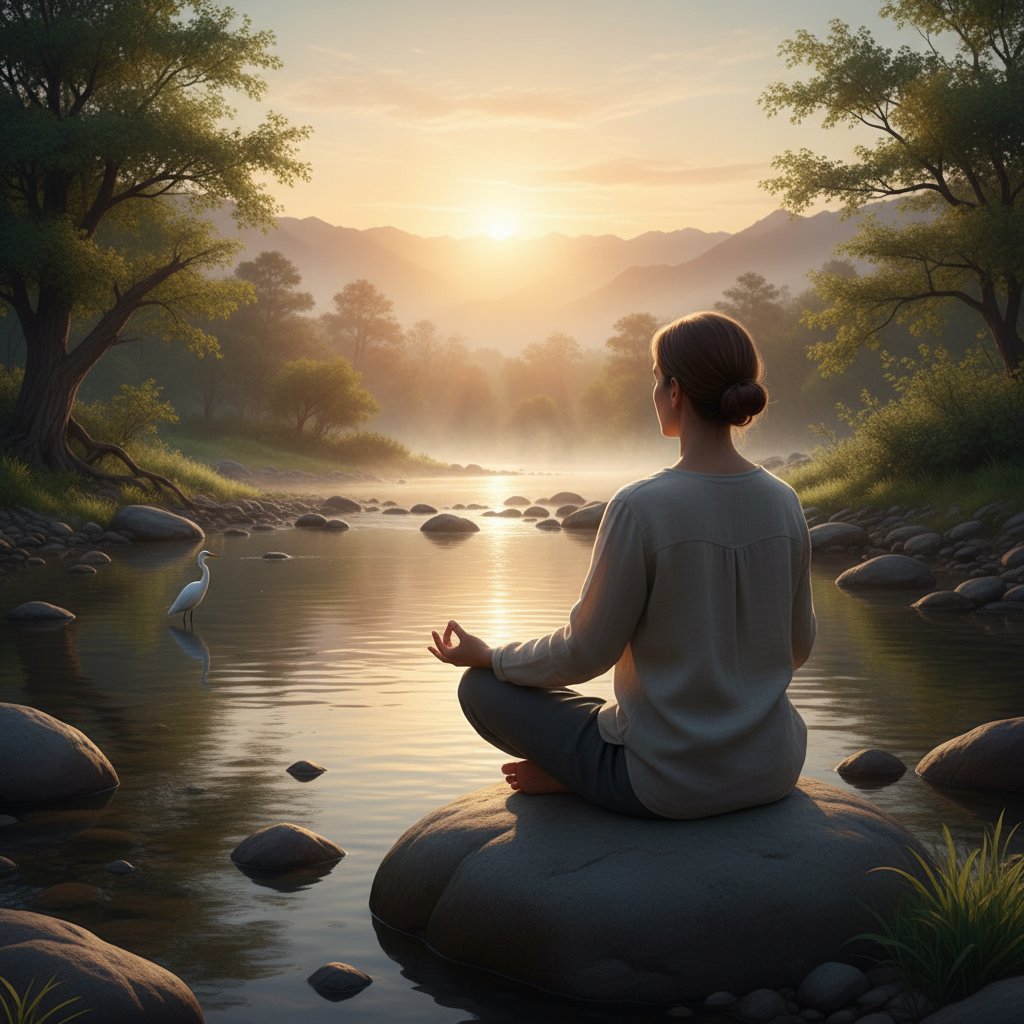 Osoba medytująca o świcie, skupiona na autentyczności i kongruencji