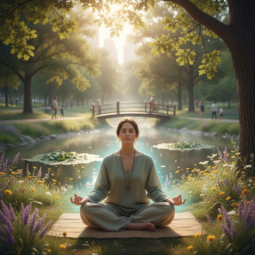 Osoba medytująca lub rozciągająca się na tle parku, symbol szybkiej reakcji na stres