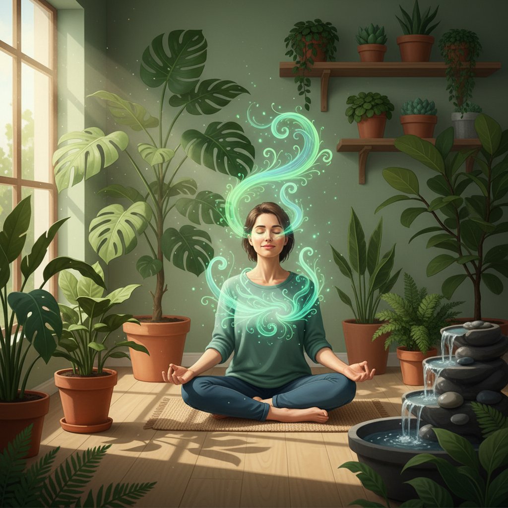 Osoba podczas ćwiczeń mindfulness, skupiona na oddechu, w otoczeniu roślin