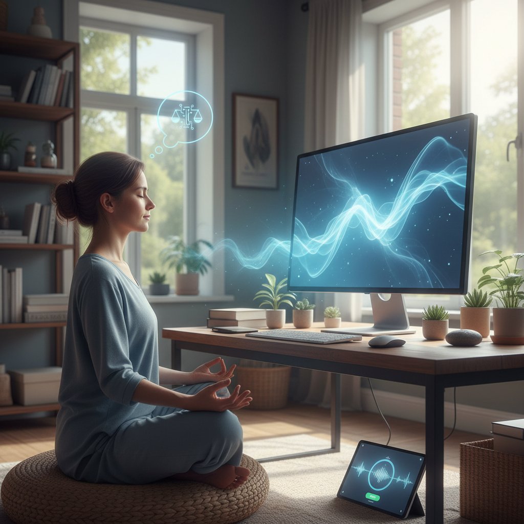 Zdjęcie osoby podczas sesji mindfulness przy komputerze – symbol wsparcia AI dla sprawczości