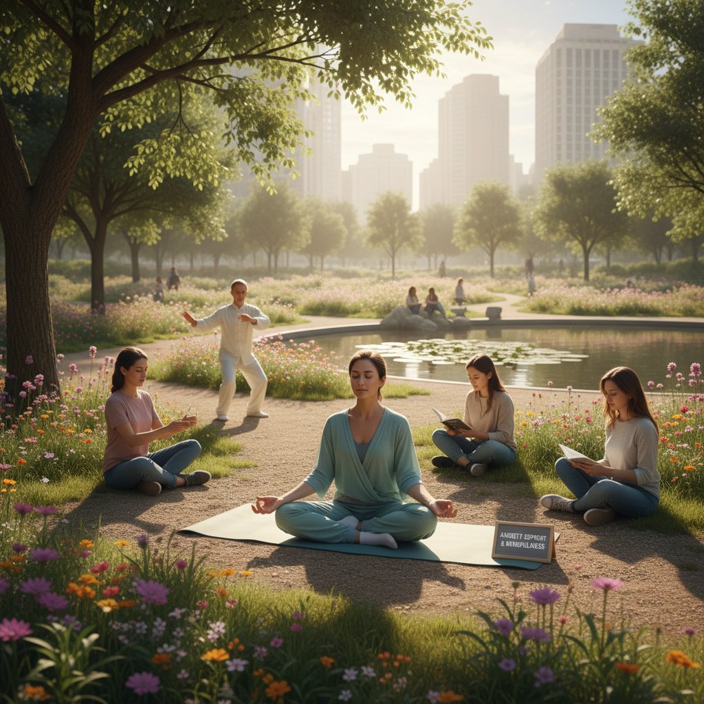 Osoba ćwicząca mindfulness w parku – naturalne wsparcie w walce z lękiem, spokój i harmonia