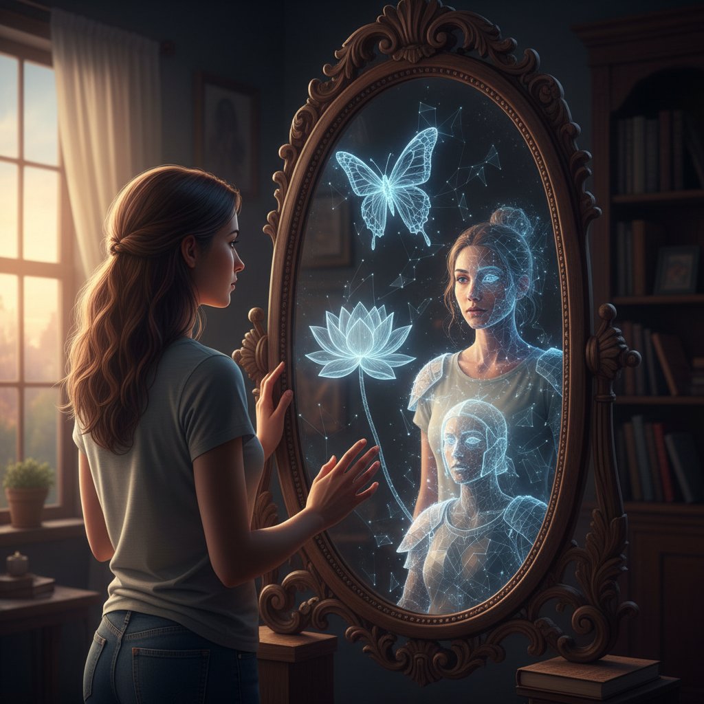 Osoba patrząca w lustro, za którą odbija się rozświetlona sylwetka AI, atmosfera refleksji i przemiany