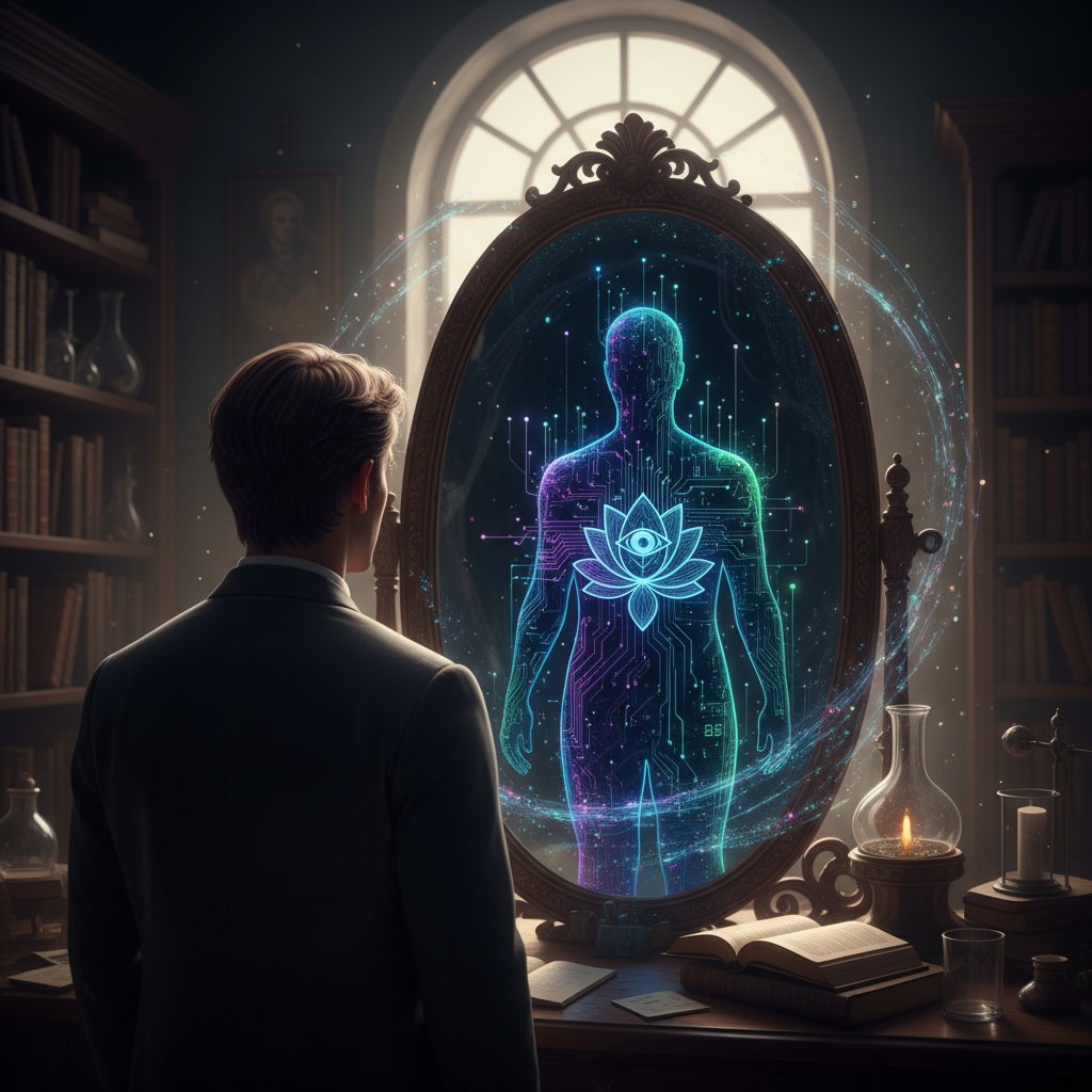 Symboliczna scena: osoba patrzy w lustro, a po drugiej stronie widać cyfrową sylwetkę AI, gra świateł i cieni