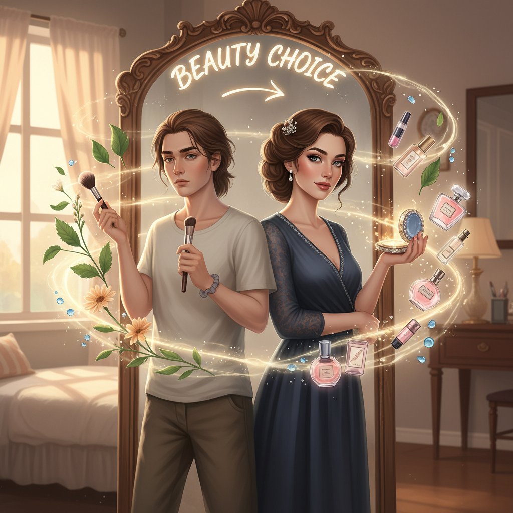 Osoba przed lustrem analizuje wybór technologii beauty, atmosfera refleksji i świadomej decyzji