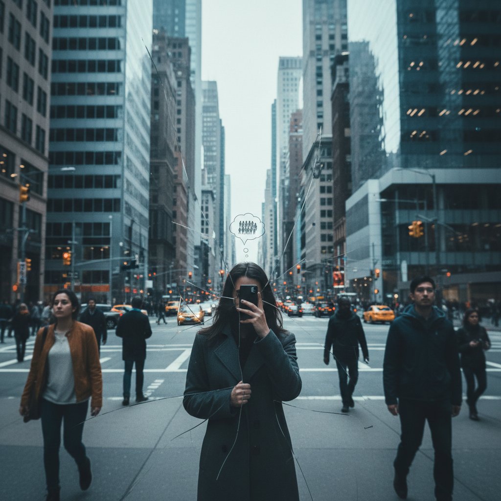 Osoba patrząca w lustro na tle miasta – autoanaliza efektu świadka, refleksyjna scena miejskiej ulicy