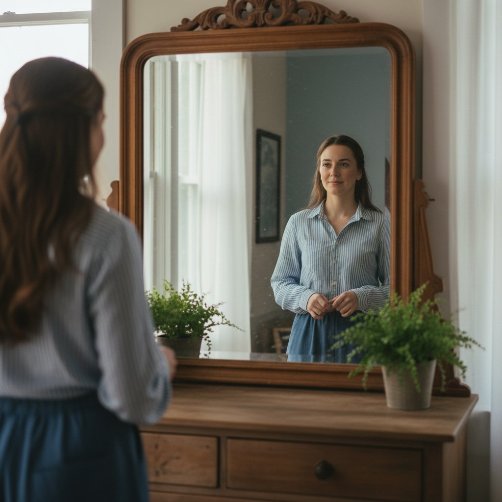 Osoba patrząca w lustro z determinacją, światło dzienne, poczucie spokoju i kontroli