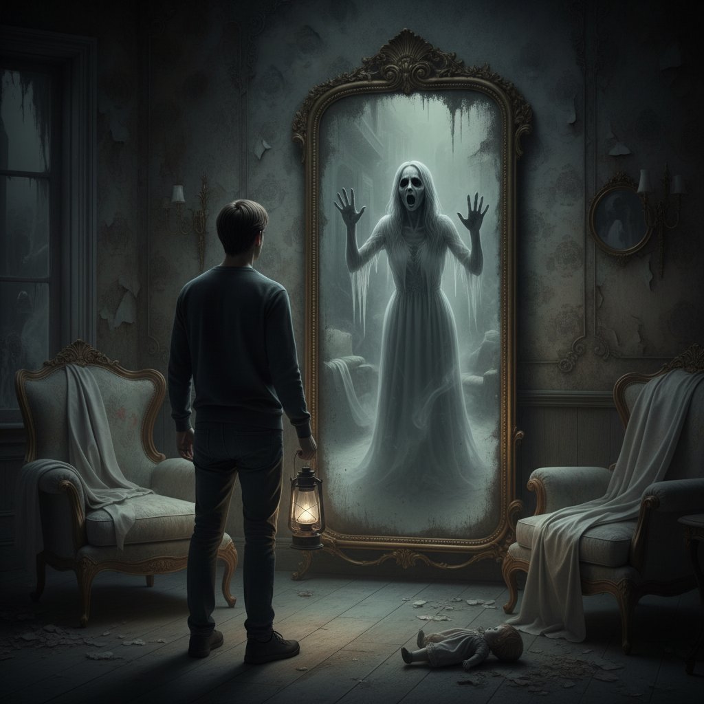 Person staring into a foggy mirror with a ghostly reflection behind them, evoking the psychological horror of movie ghost stories