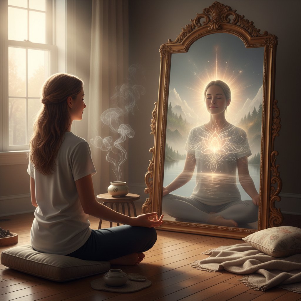 Zdjęcie osoby przy lustrze, wykonującej ćwiczenia mindfulness