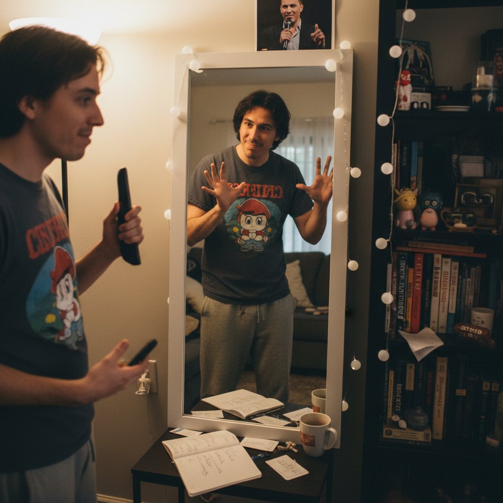 Lustro, osoba ćwicząca opowiadanie dowcipu na głos – trening dykcji i timingu