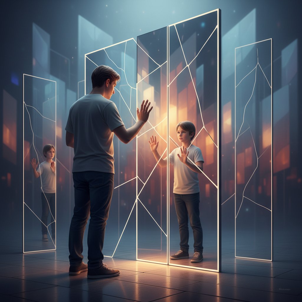 Osoba patrząca w lustro, z zamyśleniem, symbolizująca autorefleksję nad granicami