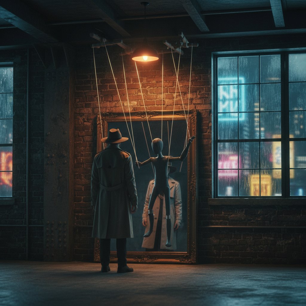 Osoba patrząca w lustro z częściowo zacienioną twarzą, symbolizująca granie ofiary i manipulację