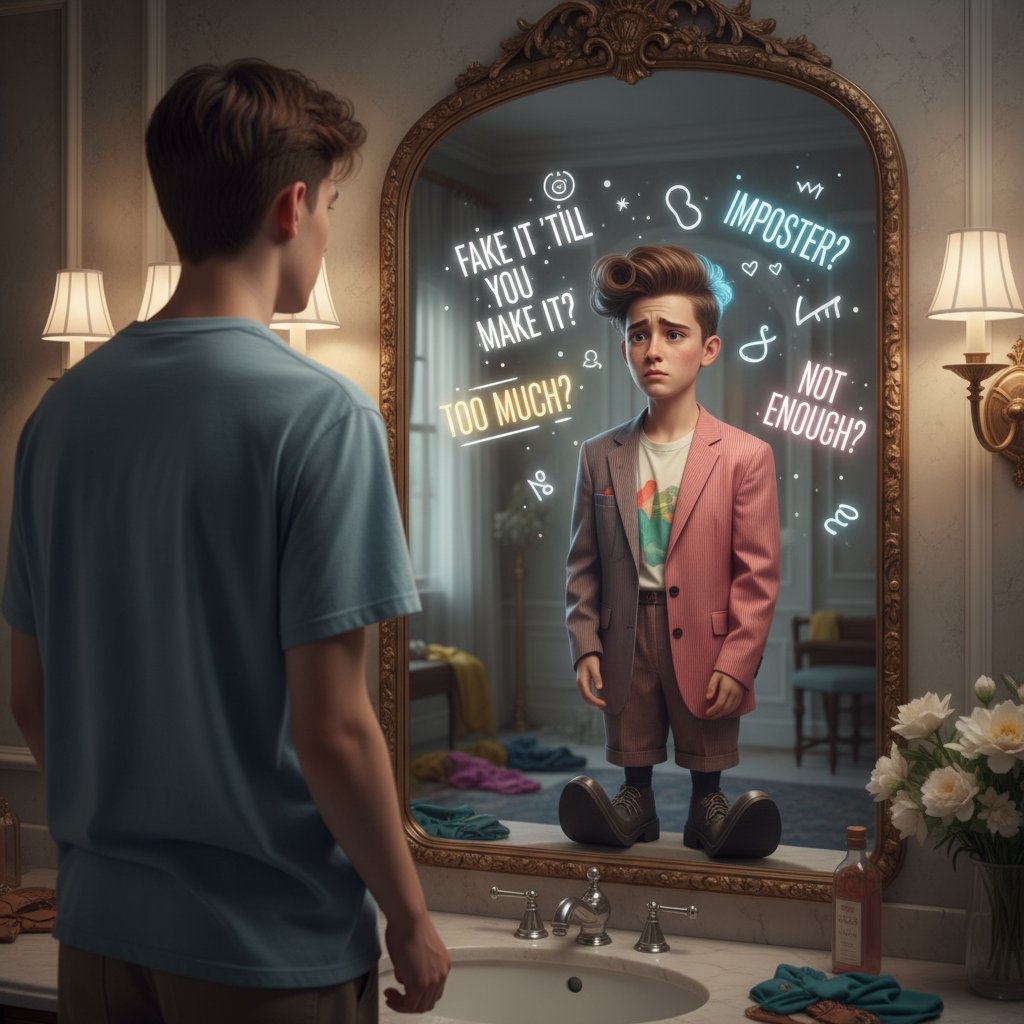 Osoba patrząca w lustro z niepewną miną, pułapka autoprezentacji i autentyczności