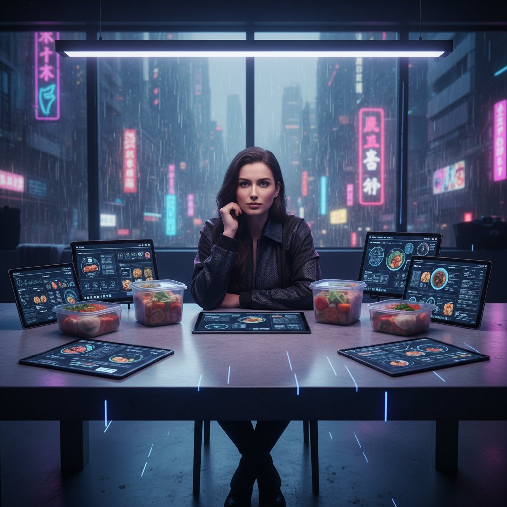 Osoba analizująca cyfrowy plan posiłków na kilku urządzeniach w nowoczesnej kuchni, motyw przewodni dieta online, światło neonowe