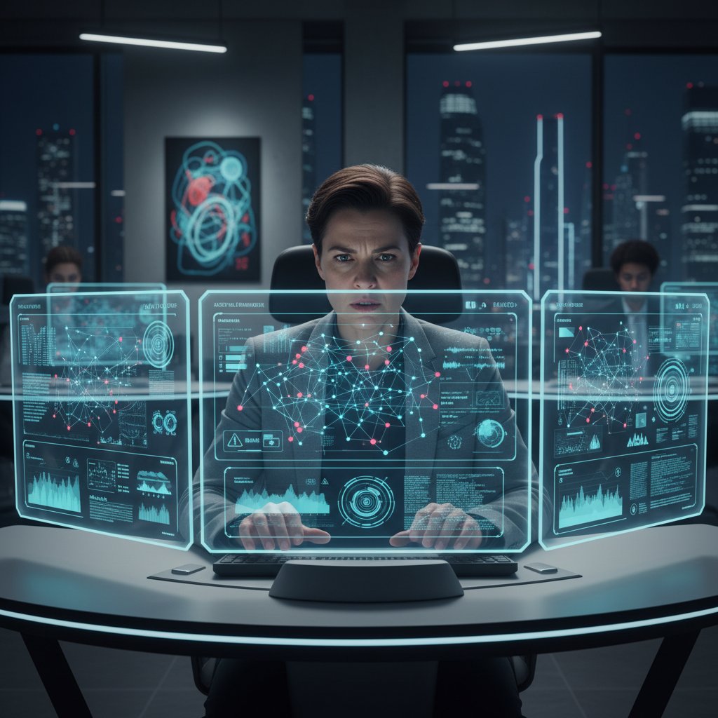 Osoba w nowoczesnym biurze, na ekranie duży wyświetlacz z interfejsem AI, skupienie i napięcie na twarzy