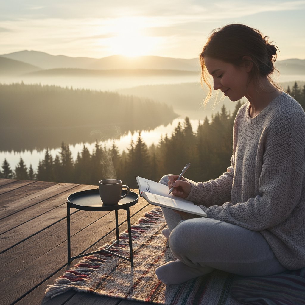 Codzienny rytuał: osoba budząca się rano, zapisująca emocje w notesie z kubkiem kawy – ilustracja mikro-nawyków wspierających samoświadomość