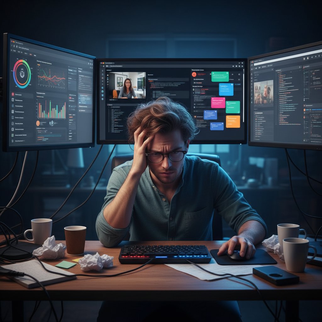 Osoba siedząca przed wieloma monitorami z różnymi narzędziami online, zdezorientowana, słowa kluczowe kreatywność online