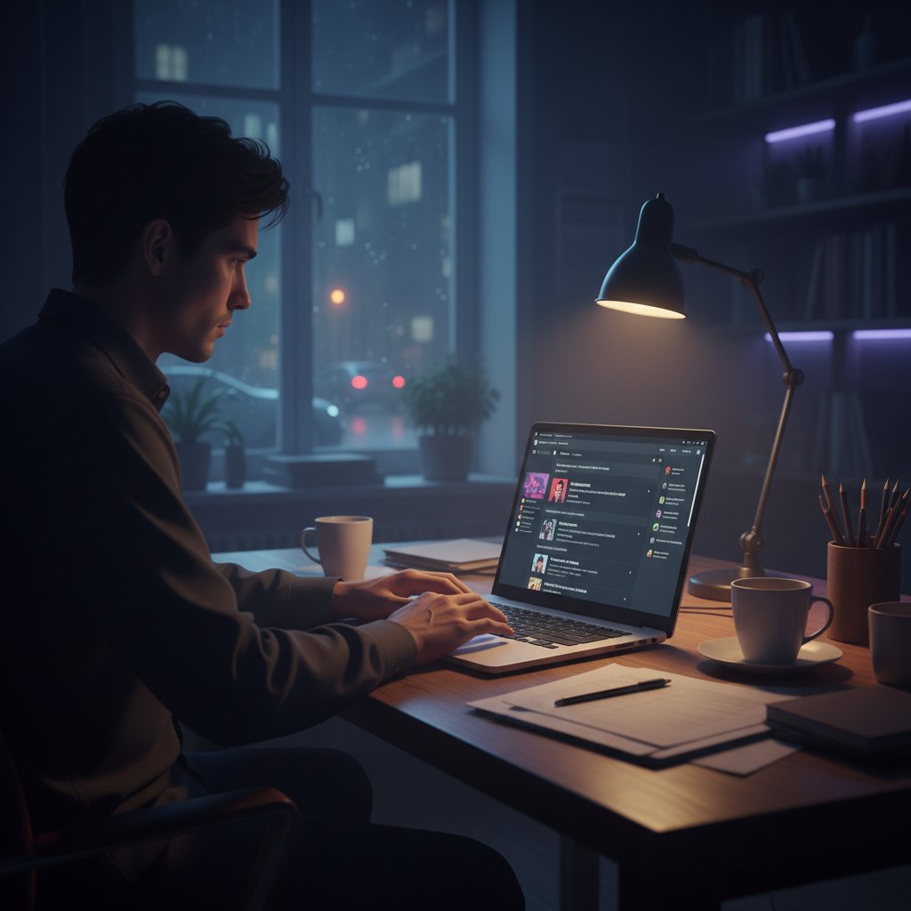 Candidate networking online late at night, reflecting new hiring channels for need person who works from home