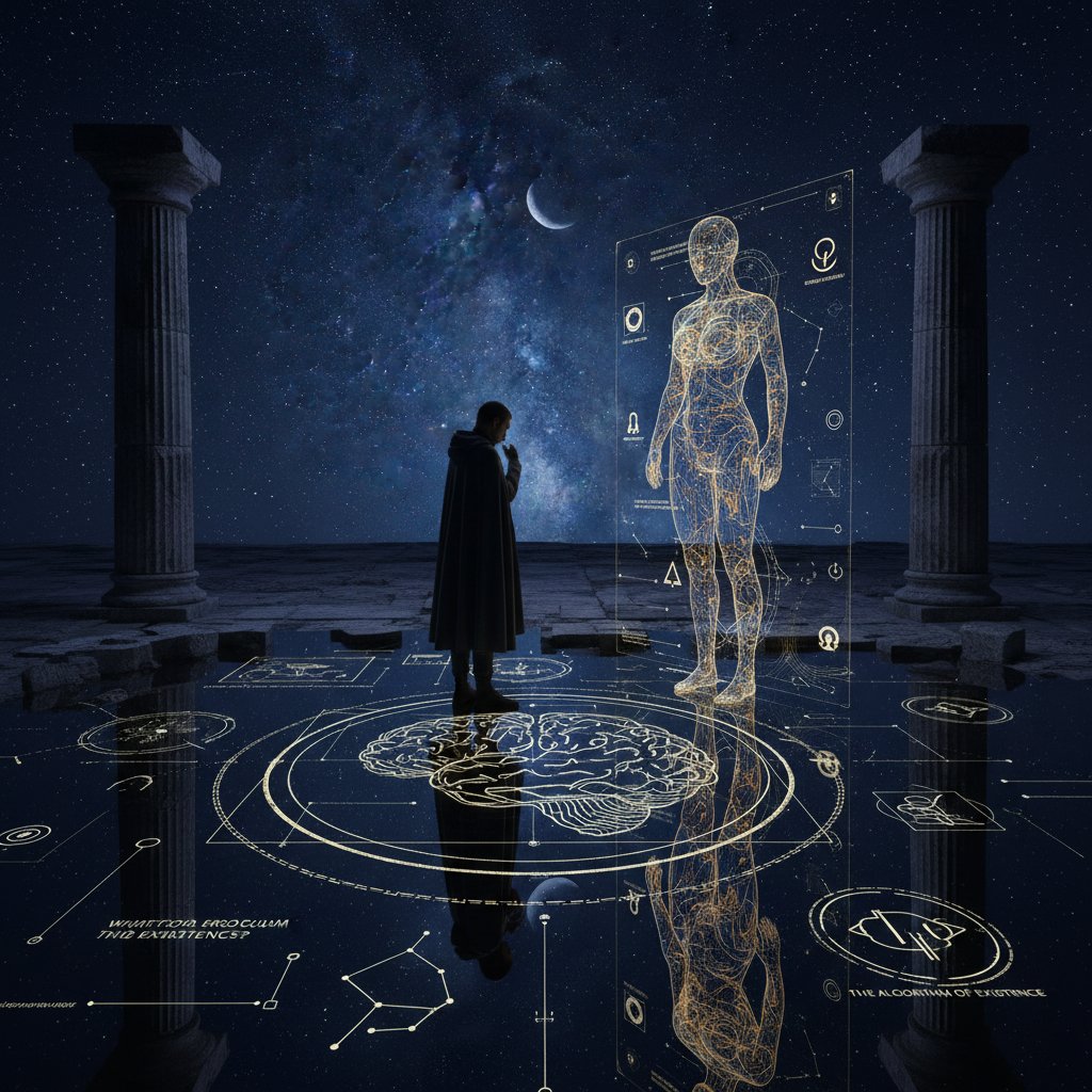 Osoba siedząca wieczorem w ciszy, pogrążona w myślach po rozmowie z przewodnikiem AI