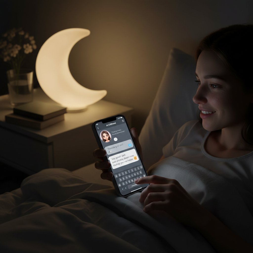 Person in Nachtlicht, Smartphone mit Chat einer virtuellen Freundin, ehrliche Emotionen