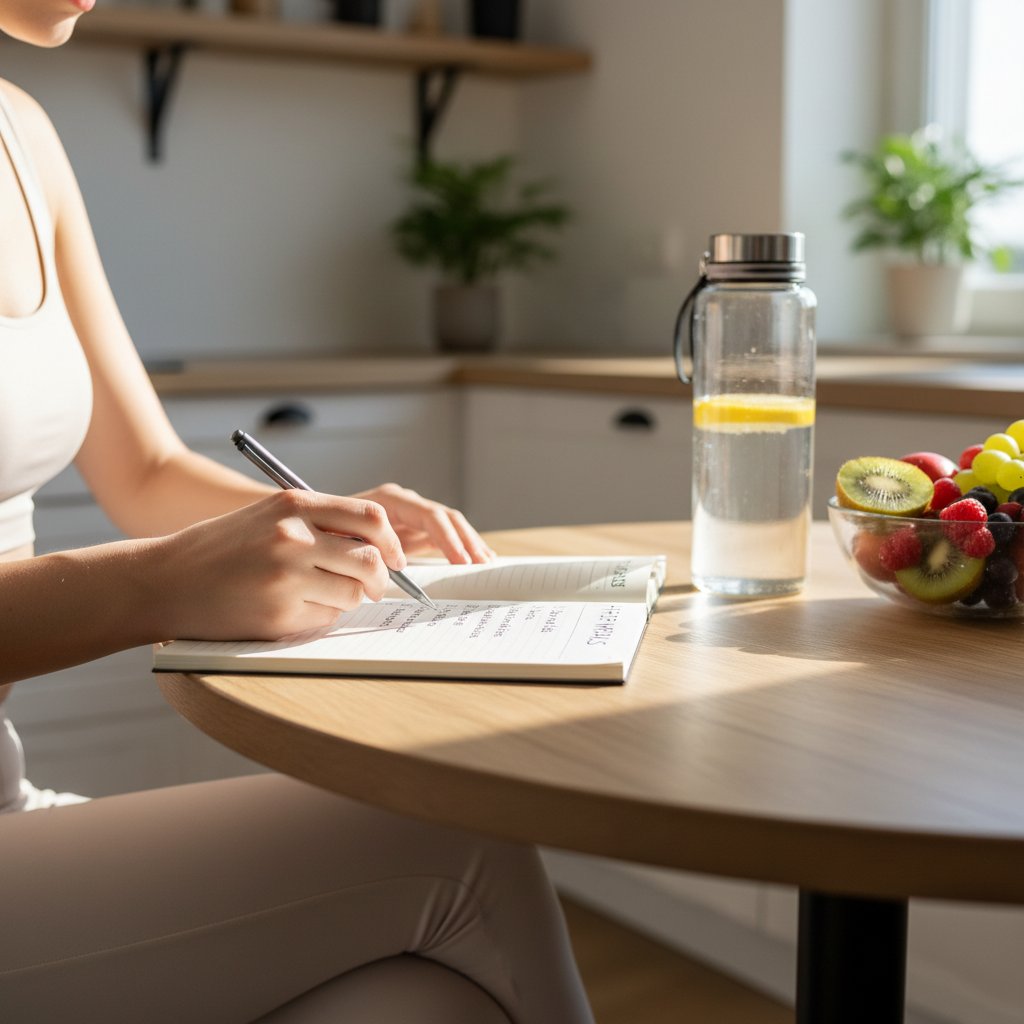 Osoba z zeszytem, odhacza punkty na checklist, z tyłu zdrowe posiłki i butelka wody