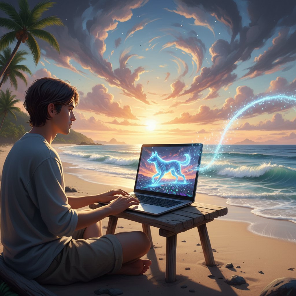 Osoba z laptopem na plaży, piesek online na ekranie, brak ograniczeń