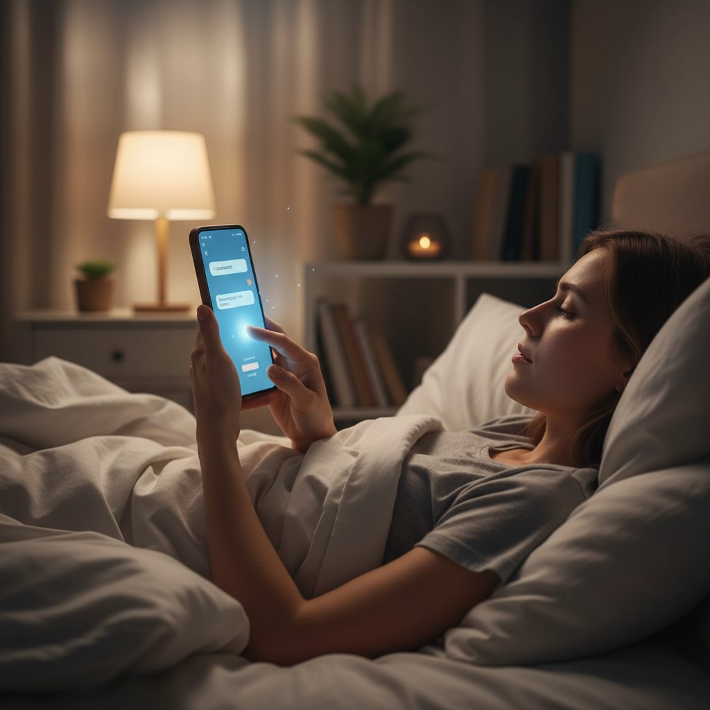 Psychologiczna scena: osoba siedzi na łóżku, rozmawia z chatbotem na telefonie, wyraz ulgi na twarzy