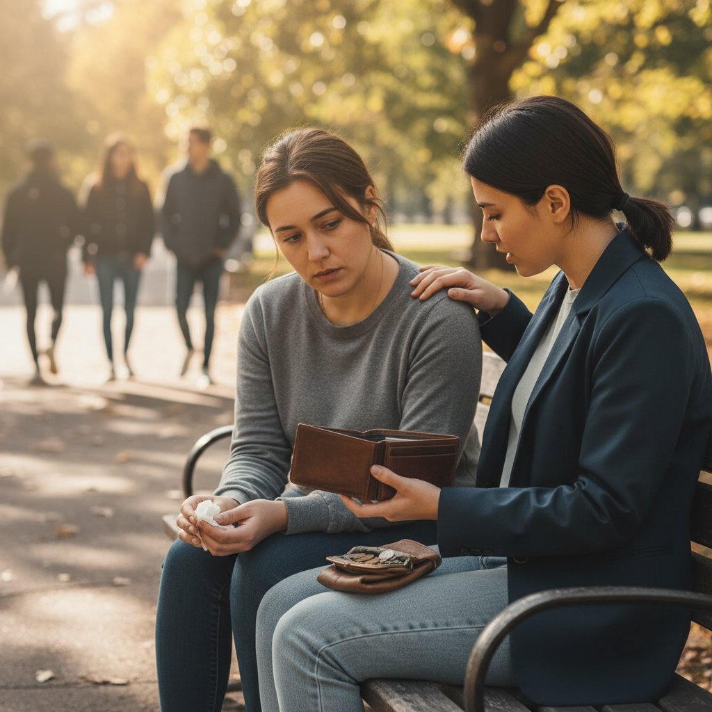 Osoba siedzi na ławce w parku, rozmawia z przyjacielem, atmosfera zrozumienia i wsparcia