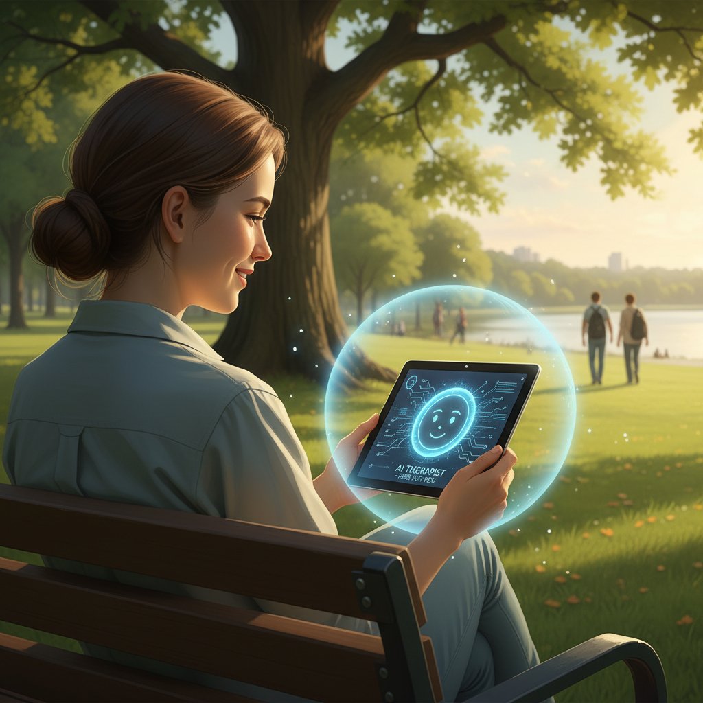 Osoba siedząca na ławce, korzystająca z aplikacji AI do wsparcia emocjonalnego