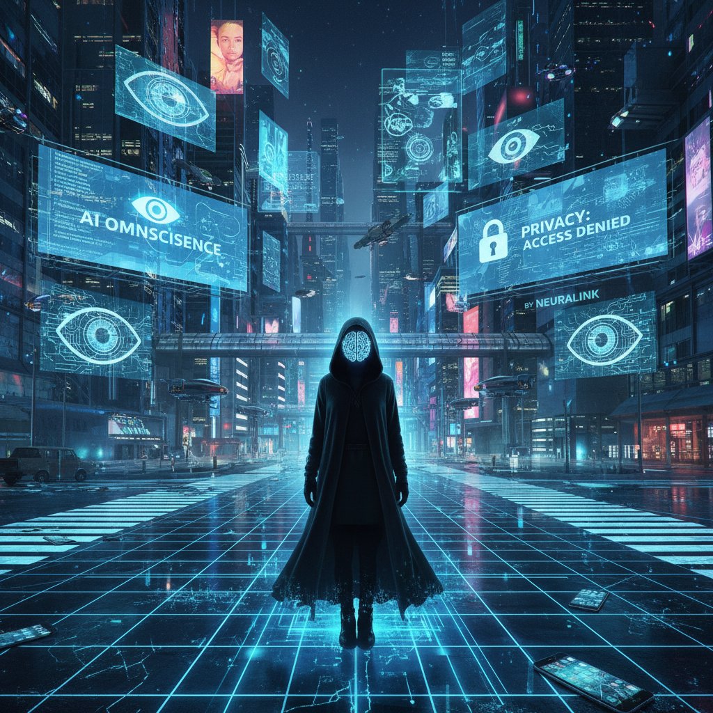 Osoba stojąca na rozdrożu w cyfrowym mieście, z widocznymi symbolami AI i prywatności po obu stronach