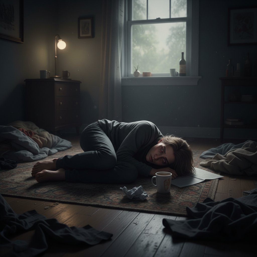 Osoba siedząca na podłodze w ciemnym pokoju, z podkrążonymi oczami i wyraźnym zmęczeniem, przedstawiająca negatywne skutki snu polifazowego