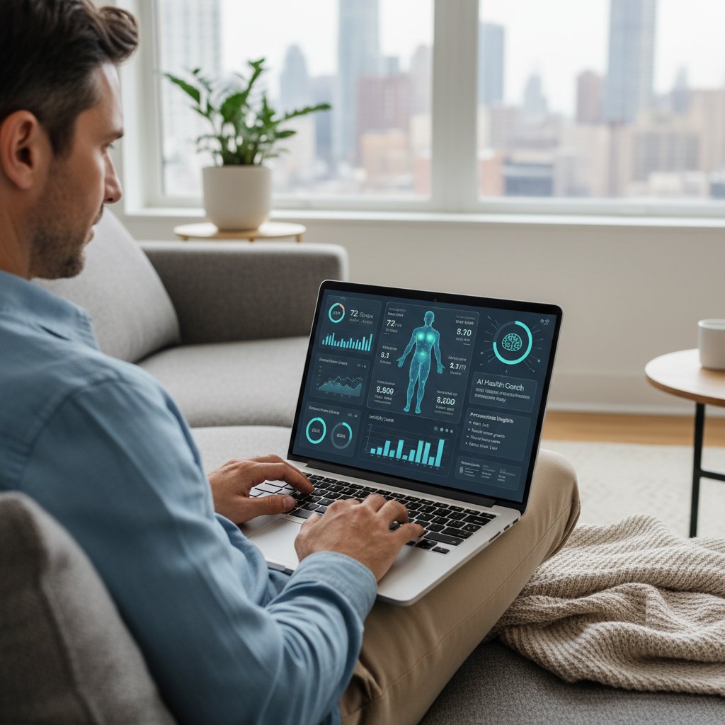 Osoba korzystająca z laptopa z otwartą stroną medyk.ai, w tle cyfrowy pulpit z wykresami – wsparcie AI w zdrowiu