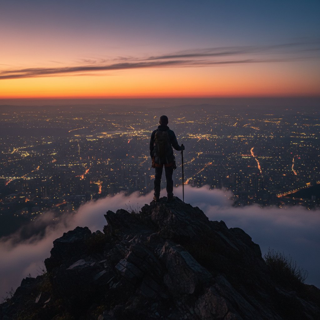 Osoba siedząca na szczycie góry, patrząca na panoramę miasta o zmierzchu – symbol siły samotności