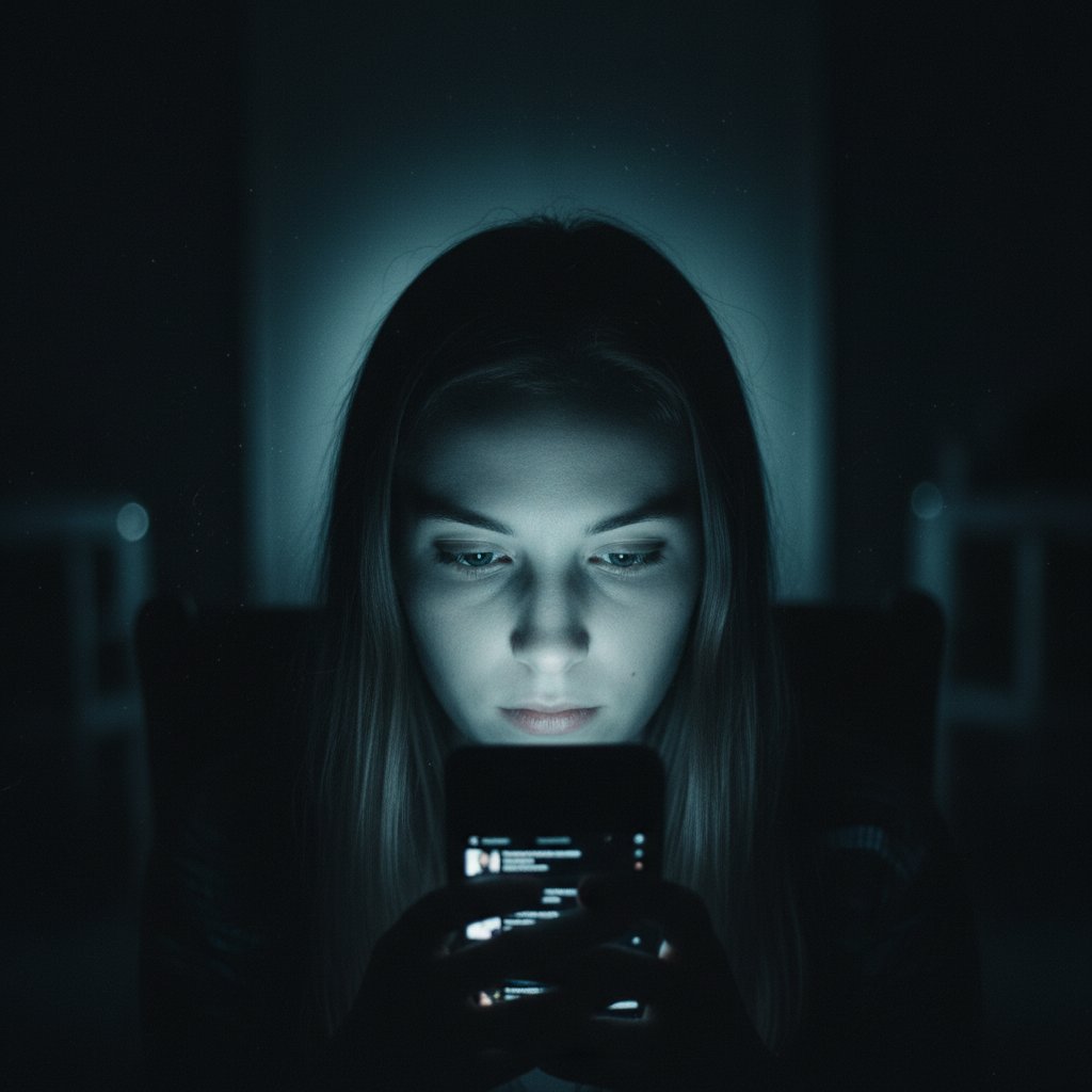 Osoba rozmawiająca przez smartfona w ciemnym pokoju, ekran oświetla twarz