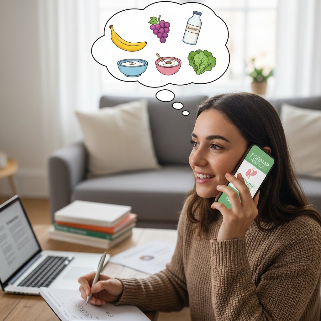 Ilustracja: osoba korzystająca z telefonu w celu uzyskania wsparcia online, psycholog.ai, dieta FODMAP