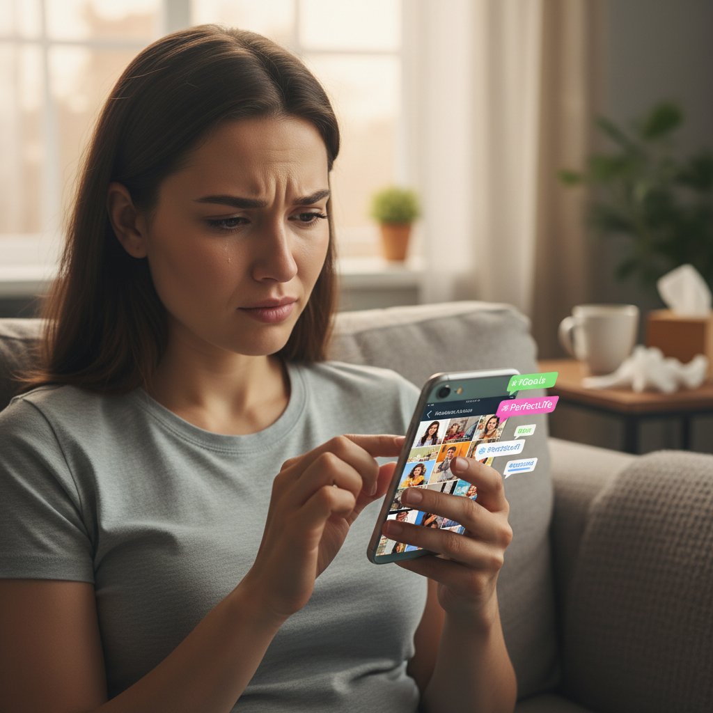 Młoda osoba przeglądająca media społecznościowe na smartfonie, emocje w cyfrowym świecie