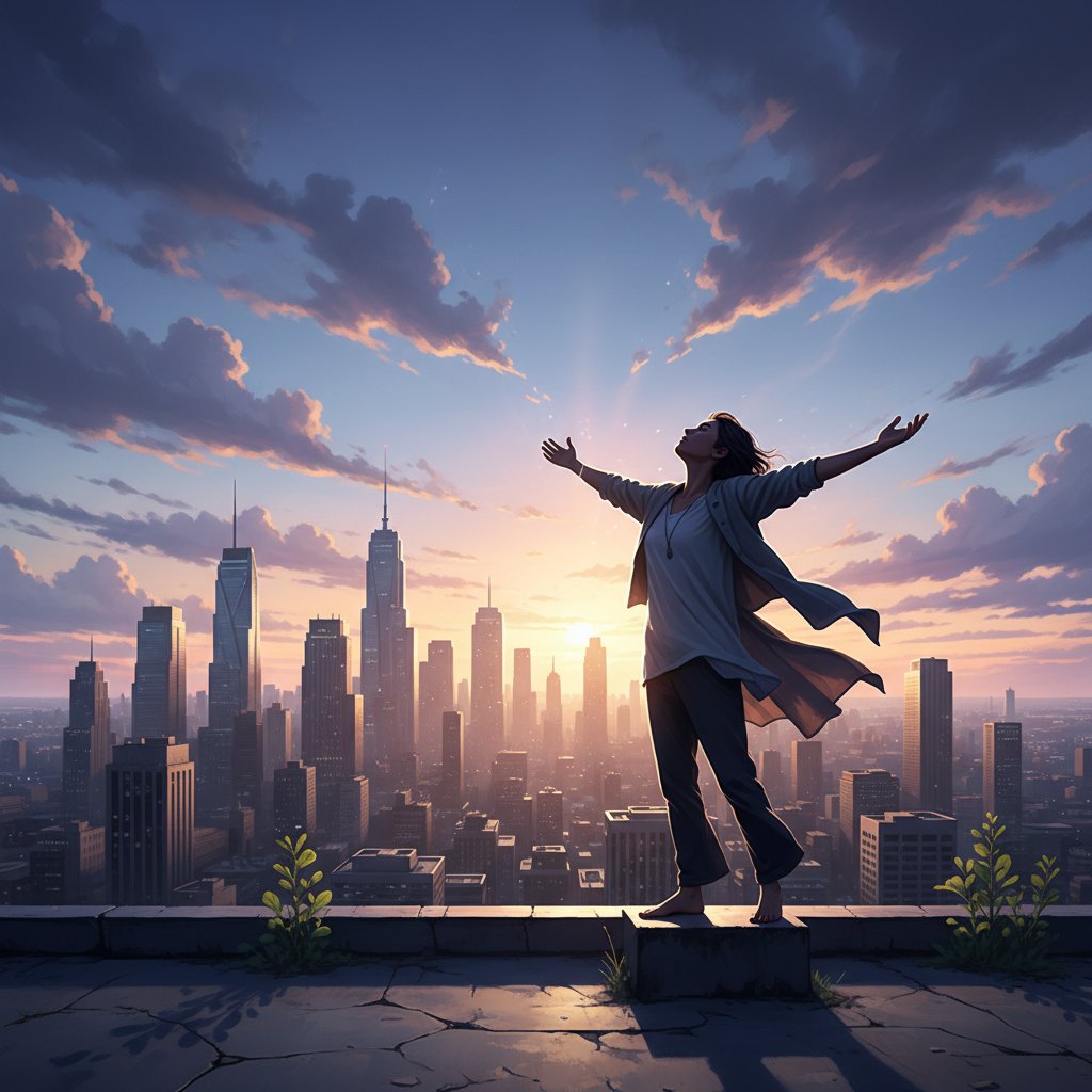 Osoba na tle wieżowców patrząca na miasto z wysokości – symbol odporności emocjonalnej i sukcesu w XXI wieku