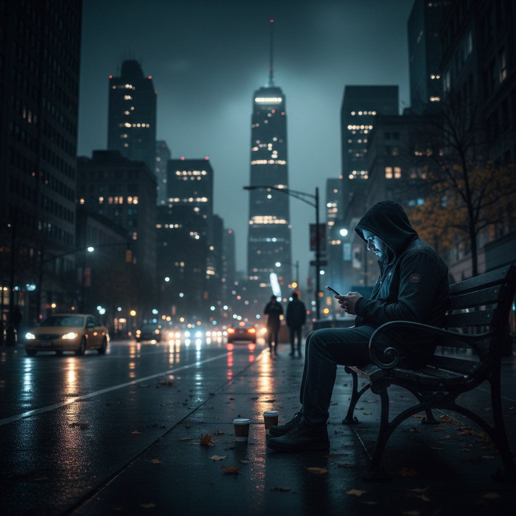 Młoda osoba z telefonem w ręku siedzi samotnie w miejskiej dżungli, światło ekranu podkreśla jej skupiony wzrok, otaczają ją rozmyte światła miasta; kluczowe słowa: bezpieczne rozmowy z nieznajomymi online, samotność, kontakt społeczny