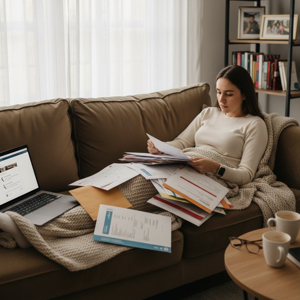 Osoba leżąca na kozetce, otoczona wynikami badań, symbolizująca niewidoczne objawy psychosomatyczne