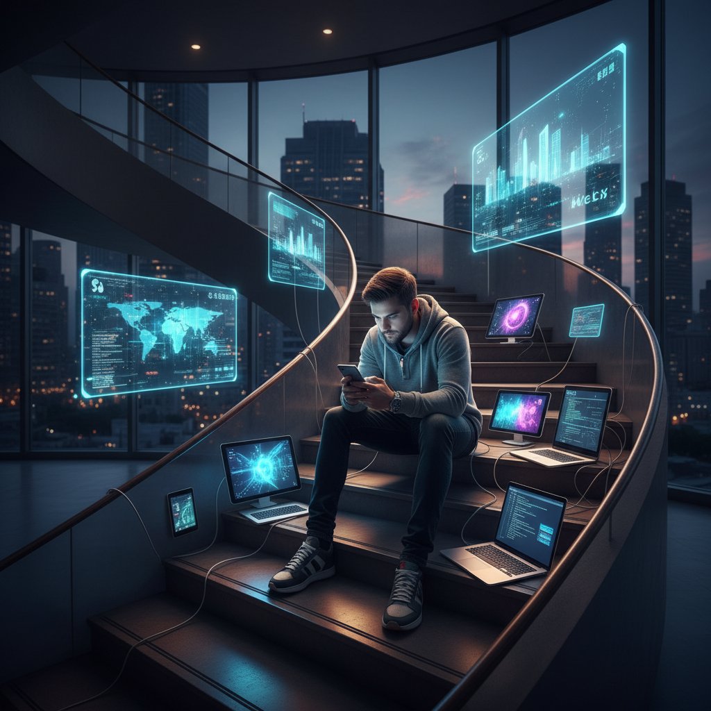 Osoba stojąca na schodach otoczona ekranami telefonów – symboliczne stopniowanie otwartości online