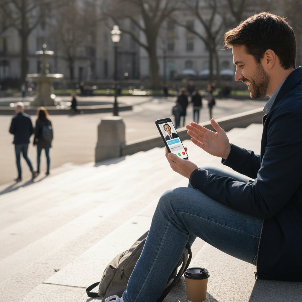 Osoba siedząca na schodach z telefonem, szukająca wsparcia online