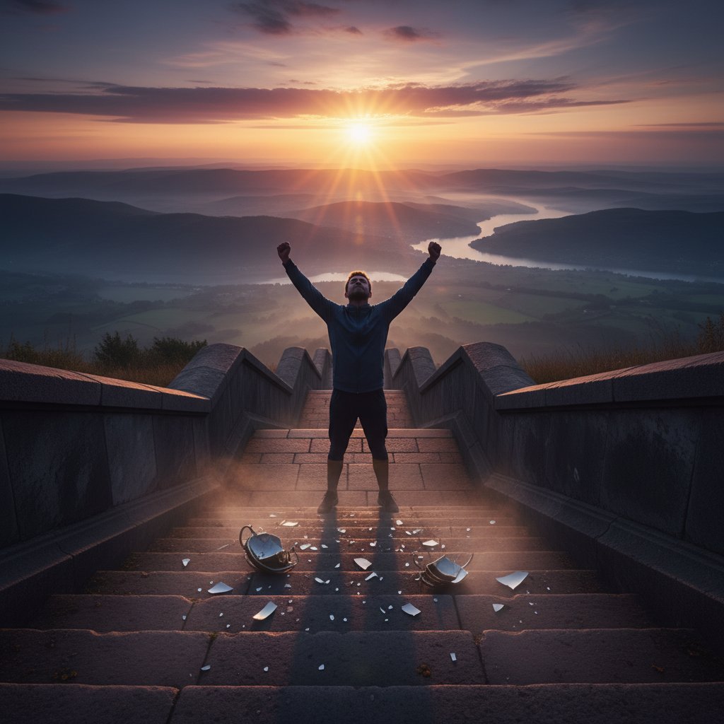 Osoba stojąca na szczycie schodów, w tle wschód słońca, silna postawa – symbol triumfu po rozczarowaniu