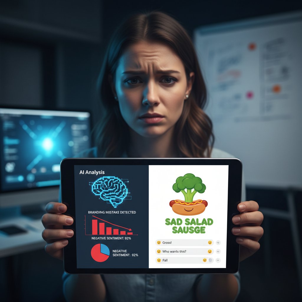 Osoba analizująca prompt na tablecie, błędy AI branding, czujność
