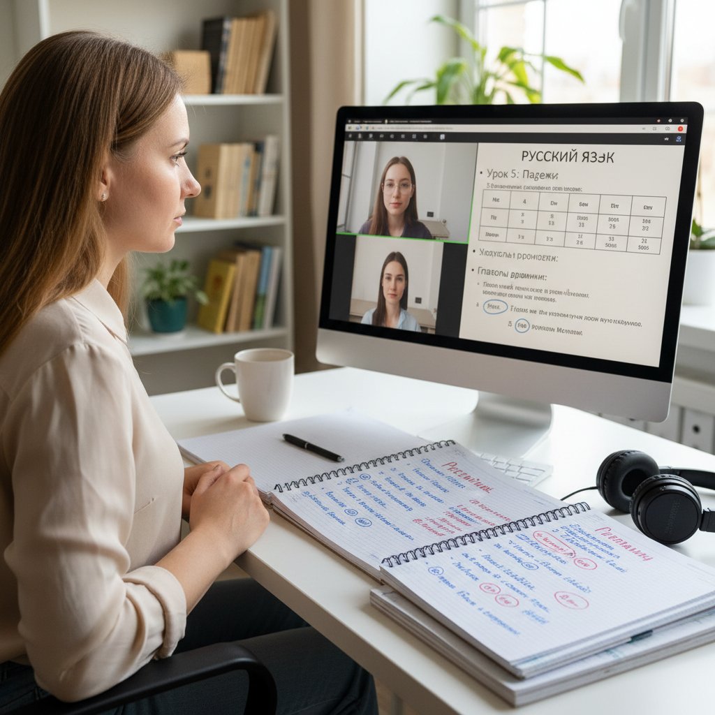Osoba korzystająca z konsultacji online z nauczycielem rosyjskiego, notatki na ekranie
