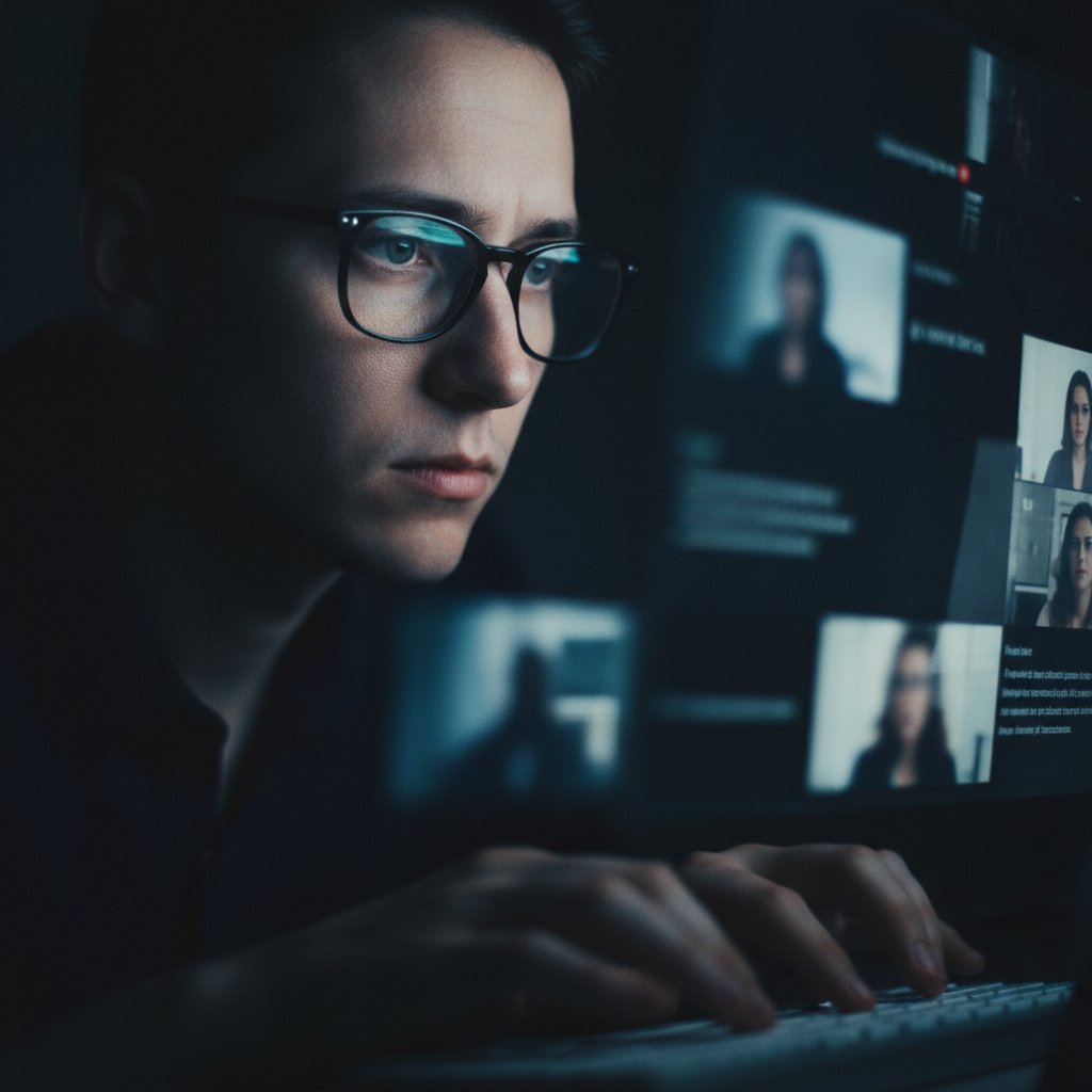Osoba prowadząca rozmowę online przez laptopa w ciemnym pokoju, światło ekranu odbija się na twarzy, wyraźny klimat intymności i refleksji, słowa kluczowe: rozmowy online, samotność