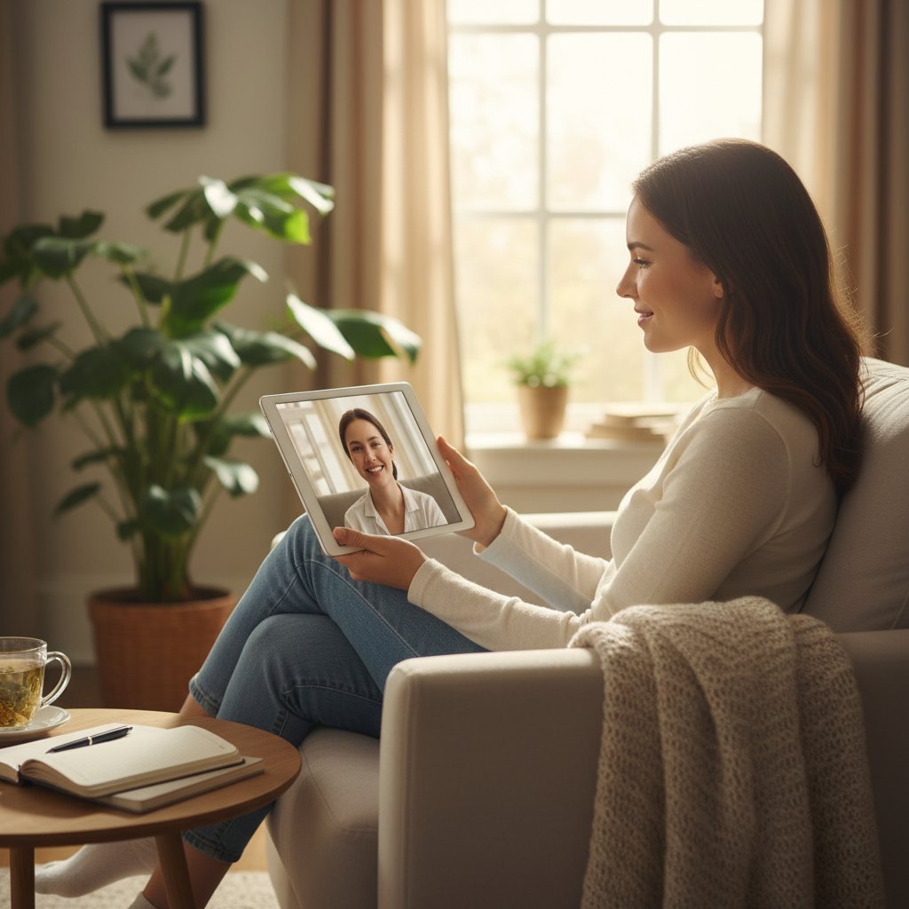 Osoba rozmawiająca z terapeutą online, spokojne otoczenie, akcent na zaufanie i wsparcie