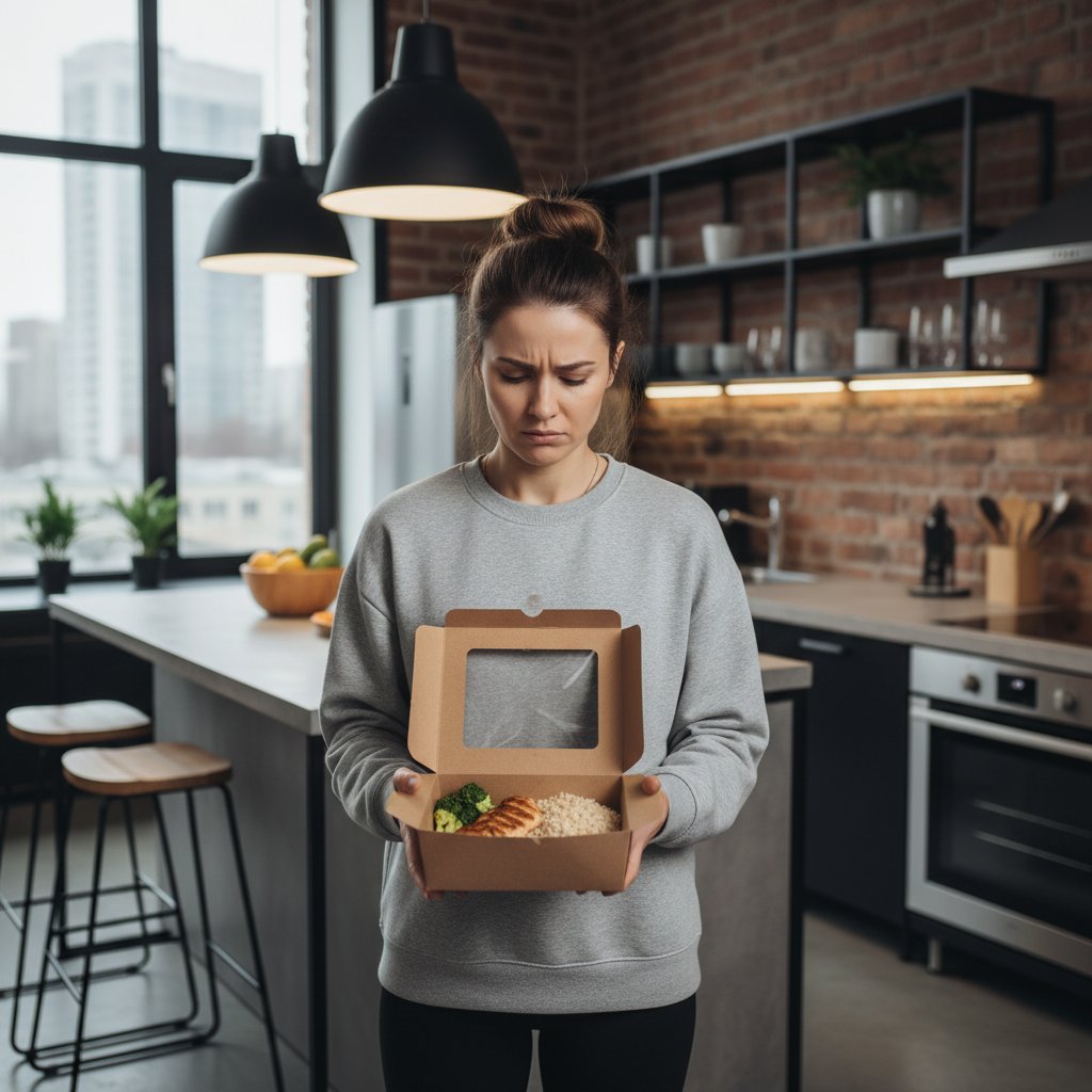 Osoba w kuchni otwierająca pudełko cateringu, wyraz twarzy wyraźnie rozczarowany, nowoczesne wnętrze, styl urban