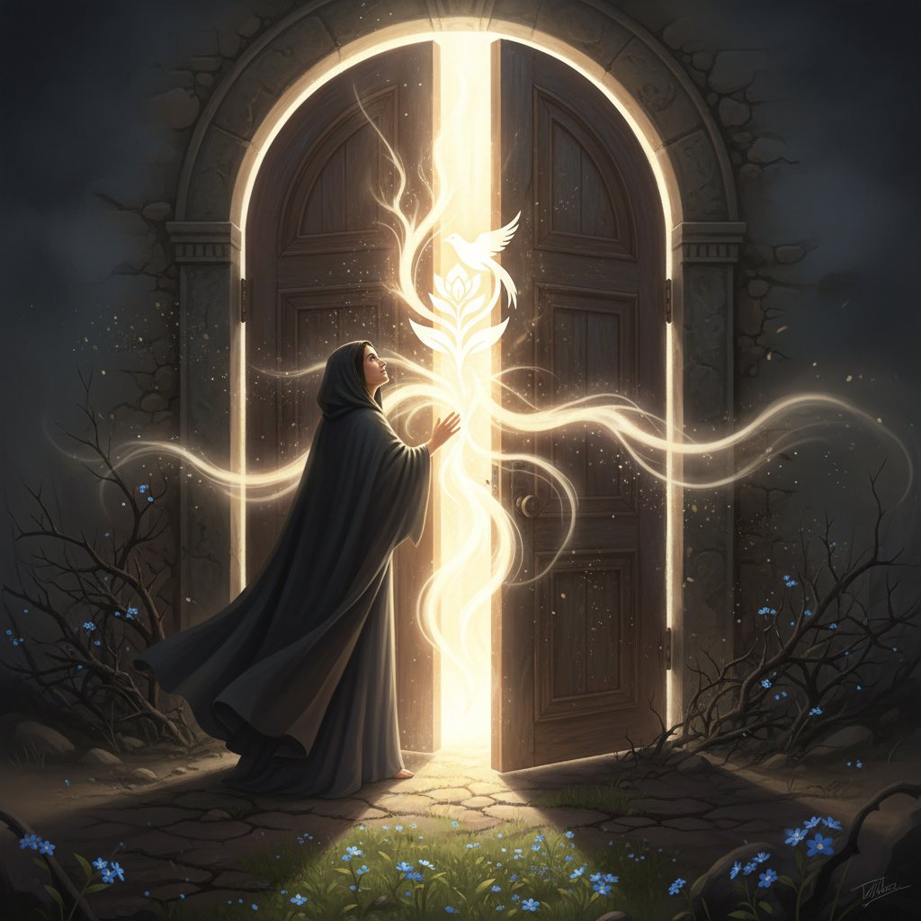 Symboliczne zdjęcie: osoba otwierająca drzwi do światła, przełamywanie tabu, nadzieja