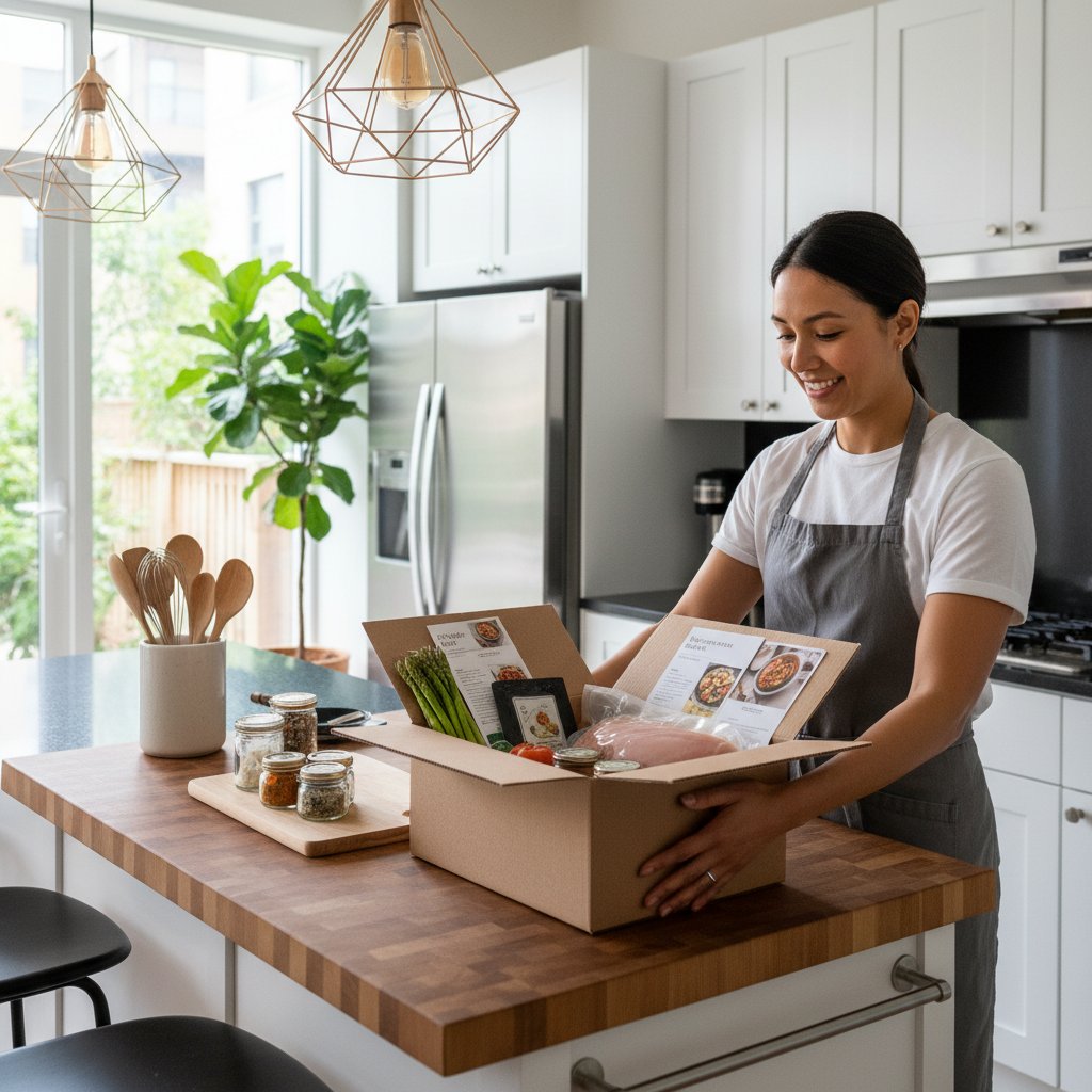 Osoba otwierająca meal kit w nowoczesnej kuchni – alternatywy dla tradycyjnego gotowania