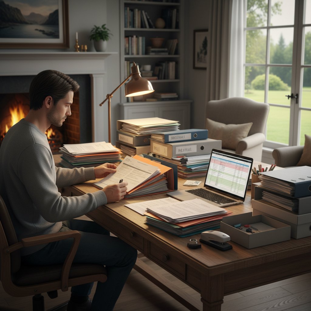 Osoba przygotowująca dokumenty medyczne w domu przed wizytą u okulisty